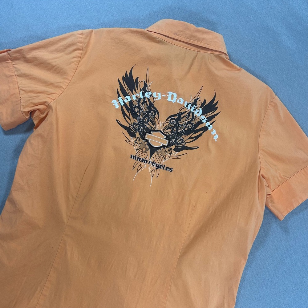 Harley-Davidson Womens Orange Short Sleeve Button Up Embroidered Wing Shirt M
